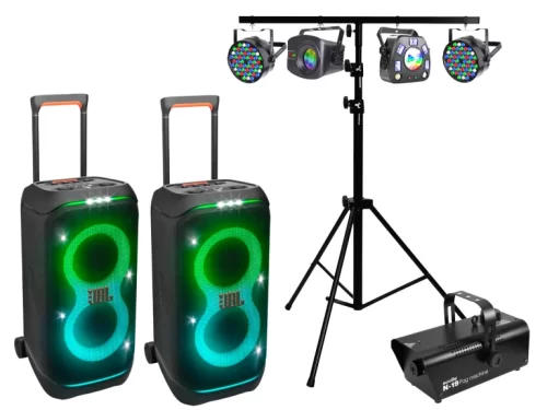 Garso ir šviesos komplektas vakarėliui su kolonėlėmis, šviesų efektais ir dūmų mašina.